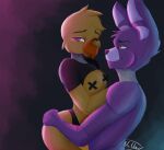  &lt;3 anthro avian bird bonnie_(fnaf) breasts butt butt_grab chica_(fnaf) chicken cuddling duo feathers female five_nights_at_freddy&#039;s galliform gallus_(genus) hand_on_butt lagomorph leporid light_clothing male male/female mammal namome phasianid rabbit romantic_couple shy taped_nipples video_games 