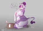  anthro areola bovid bovine breasts brush cattle cleaning dialogue female fur gradient_background green_eyes mammal multicolored_body multicolored_fur nude overweight overweight_female purple_body purple_fur simple_background solo text vikhop white_body white_fur 