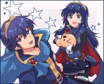  1boy 1girl armor blue_hair blush doseisan fire_emblem fire_emblem:_mystery_of_the_emblem fire_emblem_awakening gloves highres hug kiriya_(552260) long_hair looking_at_viewer lucina_(fire_emblem) marth_(fire_emblem) mother_(game) mother_2 open_mouth quiff smile super_smash_bros. tiara very_long_hair 