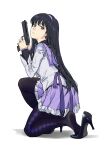  1girl absurdres akemi_homura black_footwear black_hair black_legwear closed_mouth from_behind from_side full_body grey_shirt gun hairband high_heels highres holding holding_gun holding_weapon long_hair long_sleeves looking_at_viewer looking_back looking_to_the_side mahou_shoujo_madoka_magica one_knee pantyhose purple_eyes purple_sailor_collar ruukii_drift sailor_collar school_uniform serafuku shirt solo two-handed weapon 