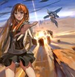  1girl balgora bangs black_skirt breasts brown_hair crying explosion green_eyes gun highres holding holding_gun holding_weapon jeanex looking_at_viewer mecha mechanical_wings military military_uniform open_hand open_mouth outstretched_arm panties pantyshot skirt small_breasts super_robot_wars_z thighhighs underwear uniform weapon white_panties wind wind_lift wings 