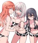  3girls animal_print azu_(azu401) bikini breast_press breasts chinese_zodiac cow_print highres interlocked_fingers large_breasts madara-san_(tejina_senpai) multiple_girls official_art saki-chan_(tejina_senpai) swimsuit symmetrical_docking tejina_senpai tejina_senpai_(character) year_of_the_ox 