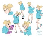  1girl bandaid blonde_hair blue_eyes bubbles_(ppg) character_name character_sheet earrings english_commentary english_text eyebrows_visible_through_hair floating head_rest highres holding holding_toy hood hooded_sweater jewelry looking_at_viewer octi octopus older onasugar open_mouth powerpuff_girls shoes sneakers socks solo star-shaped_pupils star_(symbol) stuffed_animal stuffed_toy sweater symbol-shaped_pupils tearing_up toy twintails twitter_username waving 