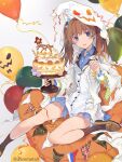  1girl animal_ears balloon blue_eyes blush brave_witches brown_hair cake cat_ears food food_on_face fork fruit georgette_lemare hair_ribbon macaron orange orange_slice ribbon solo twintails twitter_username world_witches_series wss_(32656138) 