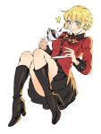  1girl ^^^ black_footwear black_hair blonde_hair blue_eyes blush boots braid braided_bun closed_mouth coffee cup darjeeling_(girls_und_panzer) full_body girls_und_panzer high_heel_boots high_heels highres jacket long_sleeves military military_uniform pleated_skirt red_jacket ruukii_drift short_hair simple_background skirt smile solo spill sweat teacup tray uniform white_background 