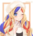  1girl beret blonde_hair blue_hair commandant_teste_(kantai_collection) hat kantai_collection kozu_(bloomme1_me) long_hair multicolored_hair official_alternate_costume one_eye_closed red_hair smile solo streaked_hair twitter_username upper_body wavy_hair white_background white_hair white_headwear 
