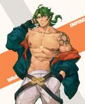  1boy abs ahoge bad_anatomy bara collarbone copyright_name fingerless_gloves gloves green_hair hand_in_pocket hand_up highres jacket joe_(sk8) long_hair looking_at_viewer male_focus mao_ten_go muscular navel nipples orange_eyes pants shoulder_tattoo sk8_the_infinity smile solo standing tattoo white_pants 