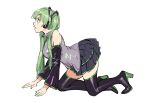  1girl all_fours bare_shoulders black_legwear boots breasts detached_sleeves from_side green_eyes green_hair grey_shirt grey_skirt hatsune_miku headphones high_heel_boots high_heels highres large_breasts long_hair long_sleeves miniskirt parted_lips pleated_skirt profile ruukii_drift shirt simple_background skirt sleeveless sleeveless_shirt solo thighhighs twintails vocaloid white_background 