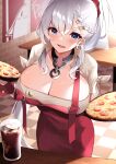 1girl absurdres apron azur_lane bangs belfast_(azur_lane) belfast_(piping-hot_perfection)_(azur_lane) blue_eyes blush breasts chain cleavage collar collarbone cup food hair_ornament hairclip highres huge_filesize large_breasts long_hair looking_at_viewer metal_collar open_mouth parted_lips pizza ponytail red_apron sanba_tsui short_sleeves silver_hair smile soda thighs tray white_hair 