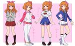  1girl :d ;) age_progression aikatsu! aikatsu!_(series) black_footwear blazer blue_jacket blue_legwear blue_skirt blush boots border bow braid brown_legwear clenched_hands closed_mouth collar collared_shirt crown_braid embarrassed eyebrows_visible_through_hair full_body grey_jacket hair_bow hair_over_shoulder hairband hand_on_hip high_heel_boots high_heels highres holding holding_spoon jacket knee_boots loafers long_hair looking_at_viewer multiple_persona multiple_views neck_ribbon one_eye_closed one_side_up oozora_akari open_mouth orange_hair outside_border pants parted_lips pink_background pink_bow pink_collar pink_eyes pink_hairband pink_jacket pink_pants pleated_skirt red_neckwear ribbon rice_spoon school_uniform shirt shoes short_hair single_stripe skirt smile sneakers socks solo spoon star_(symbol) star_print starlight_academy_uniform summer_uniform track_jacket track_pants track_suit translated two-tone_jacket two-tone_pants uhouhogorigori v-shaped_eyebrows white_border white_footwear white_jacket white_legwear white_pants white_shirt white_skirt wooden_spoon 