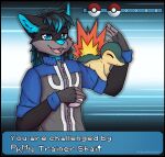  akiannakatt ambiguous_gender anthro black_body black_border black_fur blue_body blue_fur border breasts canid canine clothing cyndaquil duo fox fur hair hi_res male mammal nintendo open_mouth pok&eacute;mon pok&eacute;mon_(species) pok&eacute;mon_trainer shai_dreamcast simple_background solo video_games 