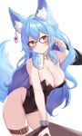  1girl animal_ear_fluff animal_ears arm_support arm_up bare_arms bare_shoulders black_leotard blue_hair borrowed_character braid breasts bridal_gauntlets cleavage closed_mouth contrapposto cowboy_shot detached_collar earrings fox_ears fox_girl fox_tail glasses gold_trim green_eyes groin highleg highleg_leotard highres jewelry large_breasts leaning_forward leg_belt leotard long_hair looking_at_viewer original pn_(wnsl216) red-framed_eyewear simple_background sister_reine_(foxyrain) smile solo standing strapless strapless_leotard tail tail_raised thighs very_long_hair white_background 