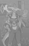  anthro bottomwear brick_wall cigarette clothed clothing detailed_background emanata english_text female fin fin_piercing fish fishnet fishnet_topwear front_view furgonomics furry-specific_piercing gills graffiti greyscale ground_shark hammerhead_shark hand_on_hip hi_res holding_object holding_phone jacket looking_at_viewer marine midriff monochrome pants phone piercing poster shark shirt signature smoking solo tattoo text text_on_clothing text_on_shirt text_on_topwear topwear torn_bottomwear torn_clothing torn_pants torn_topwear vuko-jebina wall_(structure) 