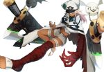  1girl bandages barefoot chalos clover dark_skin four-leaf_clover guilty_gear guilty_gear_strive hat highres lucifero ramlethal_valentine short_hair shorts silver_hair sword thigh_strap weapon 