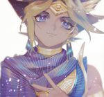  1boy :3 armlet atem blonde_hair blue_eyes cape cbow closed_mouth commentary_request dark_skin dark_skinned_male earrings egyptian eyelashes hand_up head_tilt jewelry male_focus multicolored_hair nail_polish smile solo spiked_hair yu-gi-oh! yu-gi-oh!_duel_monsters 