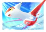  :d absurdres claws commentary_request gen_3_pokemon hatoro_kuroyoshi highres latias legendary_pokemon looking_to_the_side no_humans open_mouth pokemon pokemon_(creature) sky smile solo tongue yellow_eyes 