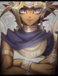  1boy armlet atem black_hair blonde_hair cape cbow closed_mouth commentary_request crossed_arms dark_skin dark_skinned_male ear_piercing earrings egyptian highres jewelry male_focus multicolored_hair piercing ring smile solo spiked_hair yu-gi-oh! yu-gi-oh!_duel_monsters 