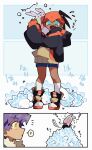  2boys ? black_hair black_hoodie commentary_request dark_skin dark_skinned_male eyebrows_visible_through_hair fang flying_sweatdrops gen_6_pokemon gen_8_pokemon goomy gym_leader highres holding holding_pokemon hood hoodie knees leon_(pokemon) male_focus multiple_boys open_mouth pokemon pokemon_(creature) pokemon_(game) pokemon_swsh purple_hair raihan_(pokemon) shigetake_(buroira) shoes sleeves_past_wrists snom socks spoken_question_mark standing sweat tongue white_legwear yellow_eyes younger 