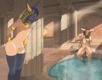  absurd_res anthro anubian_jackal aroused bath bathhouse bathing bovid bovine canid canine canis duo european_mythology fingering flaccid genitals greek_mythology hi_res humanoid jackal jewelry kurnak latex_stockings male male/male mammal masturbation minotaur muscular mythology octavian penile penile_masturbation penis voyeur water xussurix 