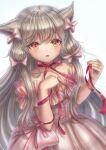  1girl animal_ears bangs bare_shoulders bow breasts cat_ears cleavage collarbone dress eyebrows_visible_through_hair grey_hair hair_between_eyes hair_bow hair_ornament hands_up highres holding holding_ribbon hou_no_ka long_hair looking_at_viewer open_mouth original parted_lips pink_bow pink_dress red_eyes red_ribbon ribbon simple_background small_breasts solo white_background 