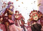  5girls alternate_costume bangs bare_shoulders breasts cleavage confetti dress elbow_gloves formal freyja_wion gloves green_eyes hair_between_eyes hair_bun hair_ornament hat heart heart_hair_ornament highres holding_hands kaname_buccaneer large_breasts long_hair looking_to_the_side macross macross_delta makina_nakajima mikumo_guynemer multiple_girls open_mouth orange_hair pink_hair pote-mm purple_eyes purple_hair red_dress red_eyes red_gloves reina_prowler short_hair small_breasts squatting suit very_long_hair walkure_(macross_delta) 