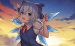  1girl aoman_de_cangshu backlighting blue_bow blue_dress blue_eyes bow cirno cloud cloudy_sky commentary_request dress fang flat_chest hair_between_eyes hair_bow highres ice ice_wings night night_sky open_mouth puffy_short_sleeves puffy_sleeves red_neckwear short_sleeves silver_hair skin_fang sky solo star_(sky) starry_sky sunset touhou wings 