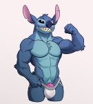  2021 4_fingers alien anthro anthrofied barely_visible_genitalia barely_visible_penis biceps blue_body blue_fur bulge chest_tuft clothed clothing disney experiment_(lilo_and_stitch) fingers flexing fur genitals hi_res jockstrap lilo_and_stitch male notched_ear pecs penis sharkiedude sharp_teeth simple_background solo stitch_(lilo_and_stitch) teeth topless tuft underwear underwear_only white_background 