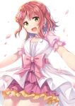  1girl :d bangs bow collarbone cowboy_shot dress earrings eyebrows_visible_through_hair green_eyes hair_ornament jewelry looking_at_viewer love_live! love_live!_nijigasaki_high_school_idol_club necklace open_mouth pearl_necklace petals pink_dress puffy_short_sleeves puffy_sleeves red_hair short_hair short_sleeves side_bun sidelocks simple_background smile solo standing tomo_wakui uehara_ayumu white_background 