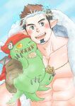  1boy abs bara bare_pecs blush brown_gloves brown_hair colored_skin creature facial_hair gloves goatee green_skin highres looking_at_viewer male_focus multicolored_hair muscular muscular_male pectorals pointy_ears pole2walker2 short_hair sideburns snowflakes solo sparkling_eyes stomach stubble tokyo_houkago_summoners tomte_(tokyo_houkago_summoners) two-tone_hair upper_body white_hair 