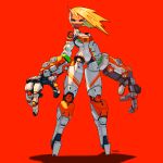  1girl absurdres blonde_hair blue_sclera colored_sclera colored_skin cyberpunk cyborg fewer_digits full_body green_eyes half-closed_eyes highres horns joints koutetu_yarou looking_at_viewer original oversized_forearms oversized_limbs red_background red_skin robot_joints shadow signature single_horn smile smug solo standing 