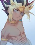  1boy armlet atem black_hair blonde_hair cbow closed_mouth commentary_request dark_skin dark_skinned_male earrings egyptian eyelashes fingernails grey_eyes highres jewelry male_focus multicolored_hair nude ring smile solo spiked_hair yu-gi-oh! yu-gi-oh!_duel_monsters 