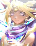  1boy armlet atem blonde_hair cape cbow commentary_request dark_skin dark_skinned_male earrings egyptian eyelashes highres jewelry looking_at_viewer male_focus multicolored_hair parted_lips purple_cape purple_eyes smile solo spiked_hair yu-gi-oh! yu-gi-oh!_duel_monsters 