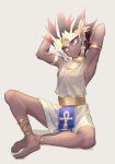  1boy arms_behind_head atem barefoot black_hair blonde_hair cbow closed_mouth commentary_request dark_skin dark_skinned_male ear_piercing earrings egyptian full_body head_tilt highres jewelry male_focus multicolored_hair piercing purple_eyes solo spiked_hair toes yu-gi-oh! yu-gi-oh!_duel_monsters 