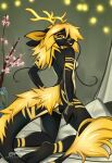  2021 5_fingers anthro antlers blonde_hair breasts digital_media_(artwork) dragon dragonfu female fingers fur furred_dragon hair horn smile solo wingless_dragon yellow_eyes 