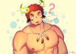  1boy abs absurdres animal_ears bara blush brown_eyes brown_hair cheek_poking cow_boy cow_ears cow_horns dark_skin dark_skinned_male facial_hair feather_necklace fiery_horns forked_eyebrows glowing_horns goatee head_tilt highres horns male_focus muscular muscular_male nipples nude one_eye_closed pectorals poking short_hair solo_focus spiked_hair thick_eyebrows tokyo_houkago_summoners wakan_tanka yang_geon 