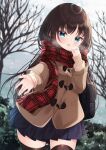  1girl bag bare_tree black_hair black_legwear blue_eyes blue_skirt blurry blurry_background blush breath brown_jacket brown_sweater commentary_request day depth_of_field fringe_trim highres jacket long_sleeves mirai_(happy-floral) open_mouth original outdoors outstretched_arm plaid plaid_scarf pleated_skirt puffy_long_sleeves puffy_sleeves red_scarf scarf school_bag school_uniform skirt sleeves_past_wrists solo sweater thighhighs tree 