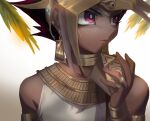  1boy armlet atem black_hair blonde_hair cbow closed_mouth commentary_request dark_skin dark_skinned_male earrings egyptian eyelashes hand_up highres holding jewelry leaf looking_to_the_side male_focus millennium_puzzle multicolored_hair purple_eyes ring solo spiked_hair yu-gi-oh! yu-gi-oh!_duel_monsters 
