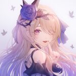  1girl bangs bare_shoulders blonde_hair blue_flower blue_rose breasts bug butterfly choker covered_eyes eyebrows_visible_through_hair eyes_visible_through_hair finger_to_mouth flower hair_flower hair_ornament hair_over_one_eye highres honkai_(series) honkai_impact_3rd insect large_breasts long_hair looking_at_viewer looking_back mole mole_under_eye nail_polish nalukikiki parted_lips pink_eyes purple_eyes rita_rossweisse rose solo thorns white_background 