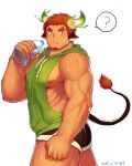  1boy ? absurdres alternate_costume animal_ears ass bara bare_arms bare_pecs bare_shoulders bottle brown_eyes brown_hair brown_shorts casual cow_boy cow_ears cow_horns dark_skin dark_skinned_male facial_hair fiery_horns forked_eyebrows from_side glowing_horns goatee green_hoodie highres holding holding_bottle hood hoodie horns looking_at_viewer male_focus muscular muscular_male nipple_slip nipples pectorals short_hair short_shorts shorts sidepec sleeveless sleeveless_hoodie solo spiked_hair spoken_question_mark sweat thick_eyebrows thick_thighs thighs tokyo_houkago_summoners wakan_tanka yang_geon 