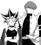  2boys absurdres bangs belt belt_collar black_shirt buttons cbow closed_eyes closed_mouth coat collar commentary_request crossed_arms hair_between_eyes highres kaiba_seto male_focus multicolored_hair multiple_boys open_clothes open_coat shirt smile spiked_hair spot_color yami_yuugi yu-gi-oh! yu-gi-oh!_duel_monsters 
