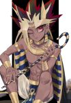 1boy atem blonde_hair cape cbow closed_mouth commentary_request dark_skin dark_skinned_male earrings egyptian eyelashes highres holding jewelry knees male_focus multicolored_hair nail_polish one_eye_closed red_eyes ring sitting smile solo spiked_hair yellow_nails yu-gi-oh! yu-gi-oh!_duel_monsters 