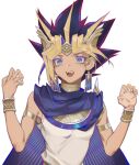  1boy armlet atem black_hair blonde_hair bracelet cape cbow dark_skin dark_skinned_male earrings egyptian eyelashes grey_eyes hands_up highres jewelry male_focus multicolored_hair open_mouth purple_hair ring sharp_teeth shiny smile solo spiked_hair teeth tongue yu-gi-oh! yu-gi-oh!_duel_monsters 