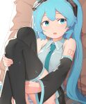  1girl abmayo absurdres aqua_eyebrows aqua_hair ass bangs bare_shoulders black_legwear black_skirt black_sleeves blush breasts brown_eyelashes collared_shirt commentary detached_sleeves feet_out_of_frame grey_shirt hair_ornament hatsune_miku highres knees_up leg_hug long_hair long_sleeves looking_at_viewer miniskirt necktie open_mouth panties pantyshot pleated_skirt shirt sitting skirt sleeveless sleeveless_shirt small_breasts solo striped striped_panties thighhighs twintails underwear very_long_hair vocaloid 