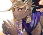  1boy armlet atem black_hair blonde_hair blurry cape cbow clenched_teeth commentary_request dark_skin dark_skinned_male earrings egyptian eyelashes fingernails flower glint hands_up holding jewelry male_focus multicolored_hair purple_cape purple_flower smile solo spiked_hair teeth yu-gi-oh! yu-gi-oh!_duel_monsters 