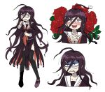  1girl :d ahoge bangs black_legwear breast_pocket clenched_teeth collarbone danganronpa:_trigger_happy_havoc danganronpa_(series) flower full_body furukawa_(yomawari) genocider_shou glasses hair_ornament hairclip hands_clasped heart_ahoge highres long_hair long_skirt long_sleeves looking_at_viewer messy_hair mole mole_under_mouth multiple_views neckerchief open_mouth own_hands_together pocket red_eyes red_flower red_rose rose round_eyewear sailor_collar school_uniform serafuku shaded_face shoes simple_background skirt smile standing teeth thighhighs tongue torn_clothes torn_skirt upper_body very_long_hair white_background 