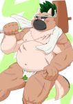  2021 anthro belly blush brown_body brown_fur canid canine canis daibokoro domestic_dog fur hi_res humanoid_hands kemono male mammal moobs navel nipples overweight overweight_male scar solo tokyo_afterschool_summoners video_games yasuyori 