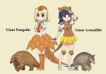  2girls armadillo armadillo_ears armadillo_tail bangs beige_background black_eyes black_hair blonde_hair boots brown_footwear brown_gloves brown_headwear brown_neckwear brown_sweater character_name commentary_request cross-laced_footwear dress_shirt elbow_pads english_text flat_cap giant_armadillo_(kemono_friends) giant_pangolin_(kemono_friends) gloves grey_footwear half_gloves hat highres kemono_friends knee_boots knee_pads lace-up_boots looking_at_viewer medium_hair miniskirt multiple_girls namesake necktie no_socks pangolin pangolin_ears pangolin_tail pleated_skirt shirt shoes short_hair short_sleeves simple_background skirt sneakers standing sweater sweater_vest white_gloves white_shirt wing_collar yamaguchi_yoshimi yellow_skirt 