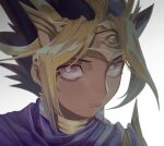  1boy atem black_hair blonde_hair cape cbow closed_mouth commentary_request dark_skin dark_skinned_male ear_piercing earrings egyptian jewelry looking_at_viewer male_focus multicolored_hair piercing portrait purple_cape shiny shiny_hair solo spiked_hair yu-gi-oh! yu-gi-oh!_duel_monsters 