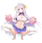  1girl absurdres azur_lane bare_shoulders belt blush breasts cheerleader cygnet_(azur_lane) cygnet_(royal_fanfare)_(azur_lane) elbow_gloves full_body gloves hair_ribbon highres large_breasts light_purple_hair long_hair looking_at_viewer midriff miniskirt official_alternate_costume pom_poms purple_skirt red_eyes ribbon shinomiya_mao shirt skirt sleeveless sleeveless_shirt solo stomach thighhighs two-tone_shirt very_long_hair white_belt white_gloves white_legwear yellow_ribbon 