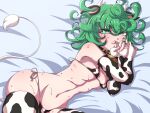  1girl animal_ears animal_print areola_slip areolae ass bell bell_collar bikini blush breasts chinese_zodiac collar covered_nipples cow_ears cow_horns cow_print cow_tail curly_hair elbow_gloves gloves green_eyes green_hair hanya_(hanya_yashiki) highres horns looking_at_viewer lying micro_bikini navel on_side one-punch_man short_hair small_breasts solo sweat swimsuit tail tatsumaki thighhighs year_of_the_ox 